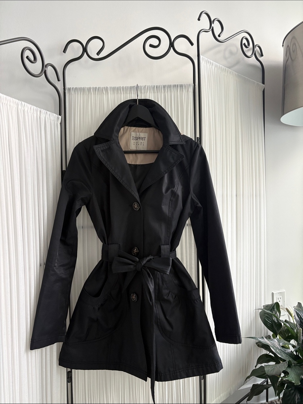 Esprit Black Short Belted Trench Coat Jacket Small